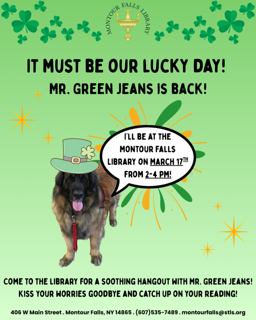 green background with shamrocks and a dog wearing a leprechaun hat