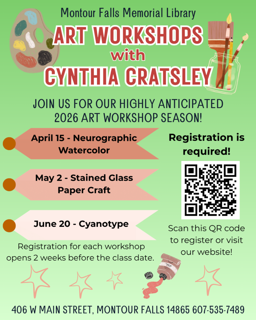 art workshops with cynthia cratsley, green background with reddish brown decorations. Art supplies and a QR code