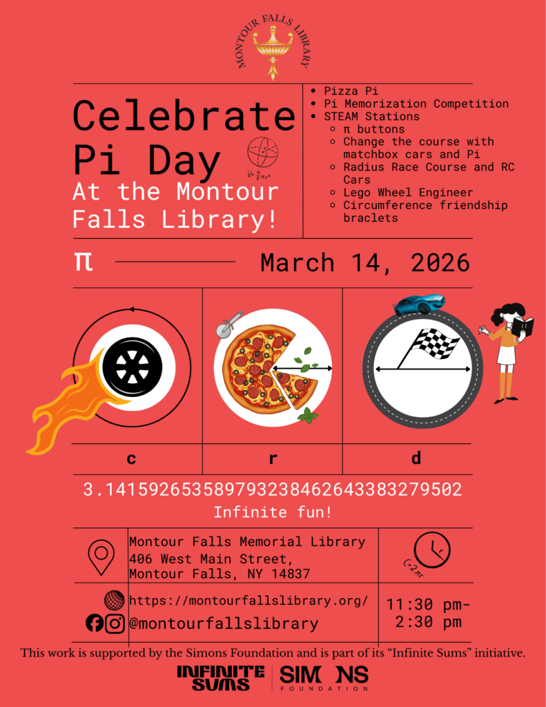 pi day event flyer. red background with fun pi related math equations. racecar and pizza themed