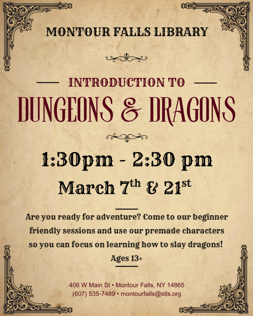 Introduction to Dungeons and Dragons. A parchment paper background with text describing the beginner friendly dungeons and dragons sessions available at the library