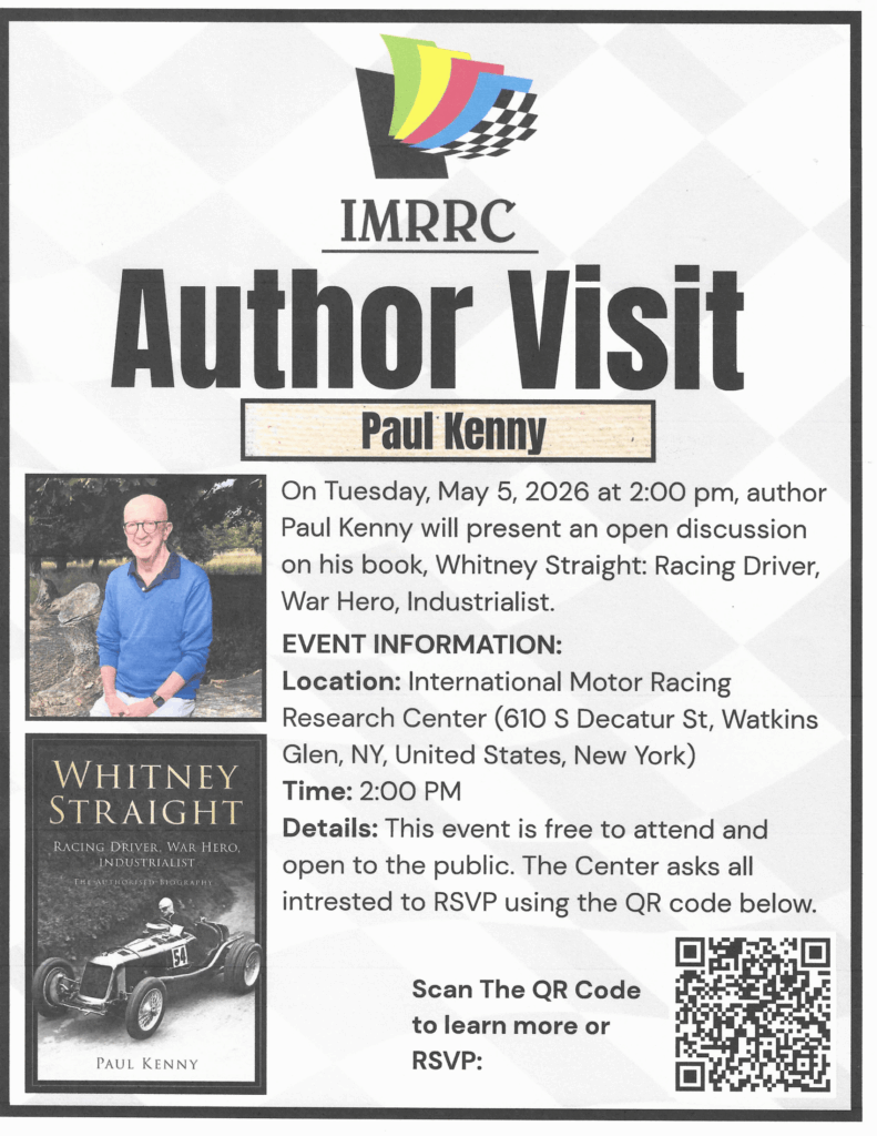 IMRRC author visit. Gray checkered flag background. Picture of author Paul Kenny and a picture of the cover of his book.