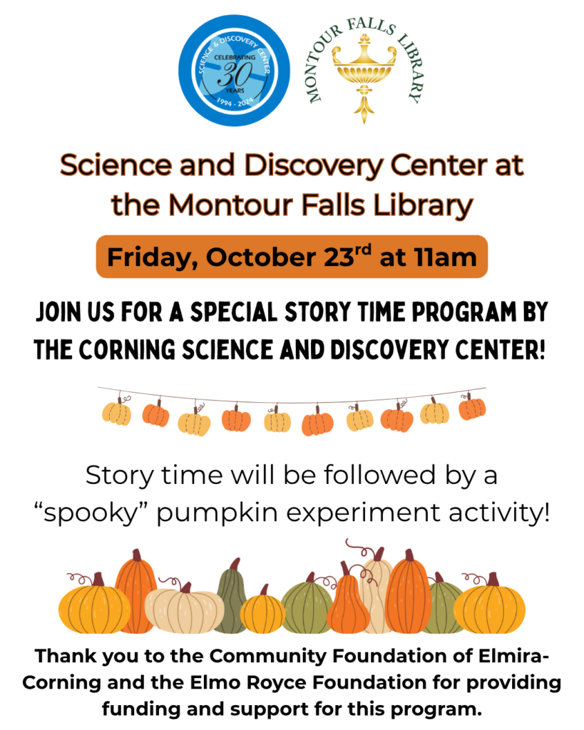 white background. pumpkins lined along the bottom of the page. Montour Falls and Science and Discovery logos on the top.