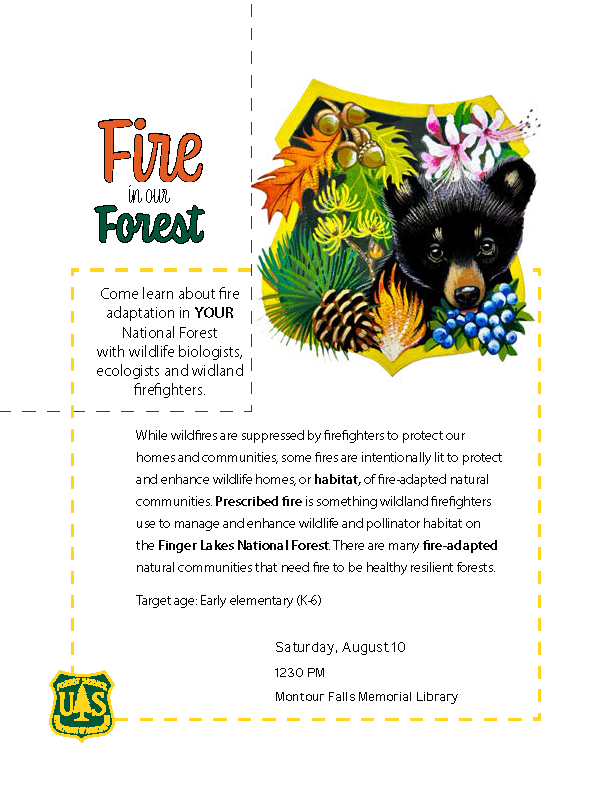 Image with a bear, pinecone, blueberries, acorn, and plants with text stating the details of the Fire in Our Forest Program.