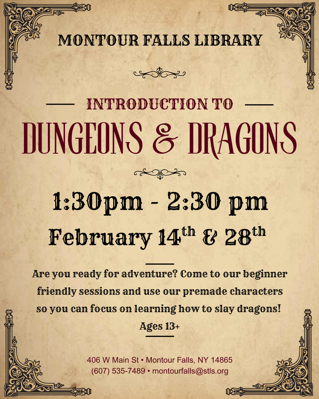 Introduction to Dungeons and Dragons. A parchment paper background with text describing the beginner friendly dungeons and dragons sessions available at the library