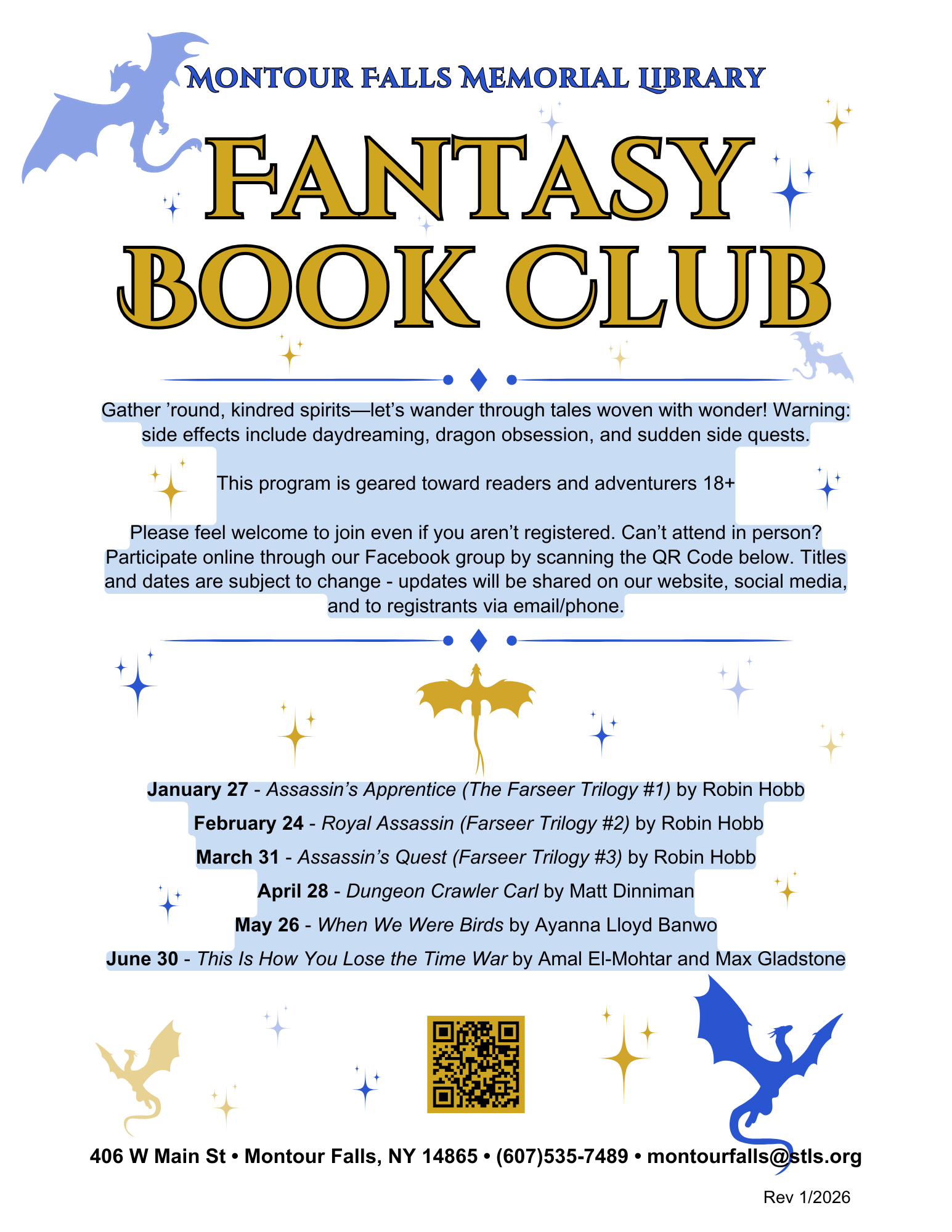 Fantasy Book Club flyer. Announcing dates and titles for the book club held at montour falls library