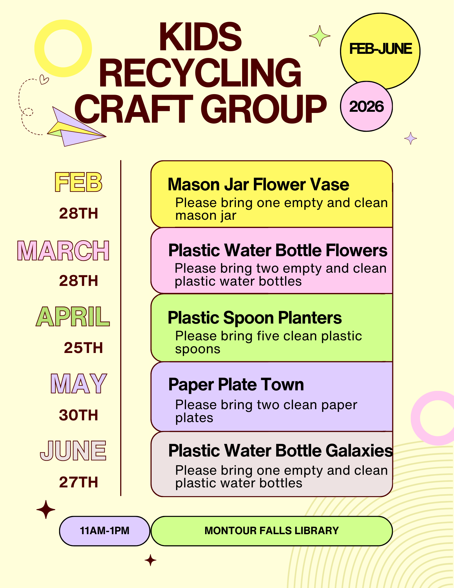 kids recycling craft group flyer with yellow background and pink, green, and dark yellow text boxes
