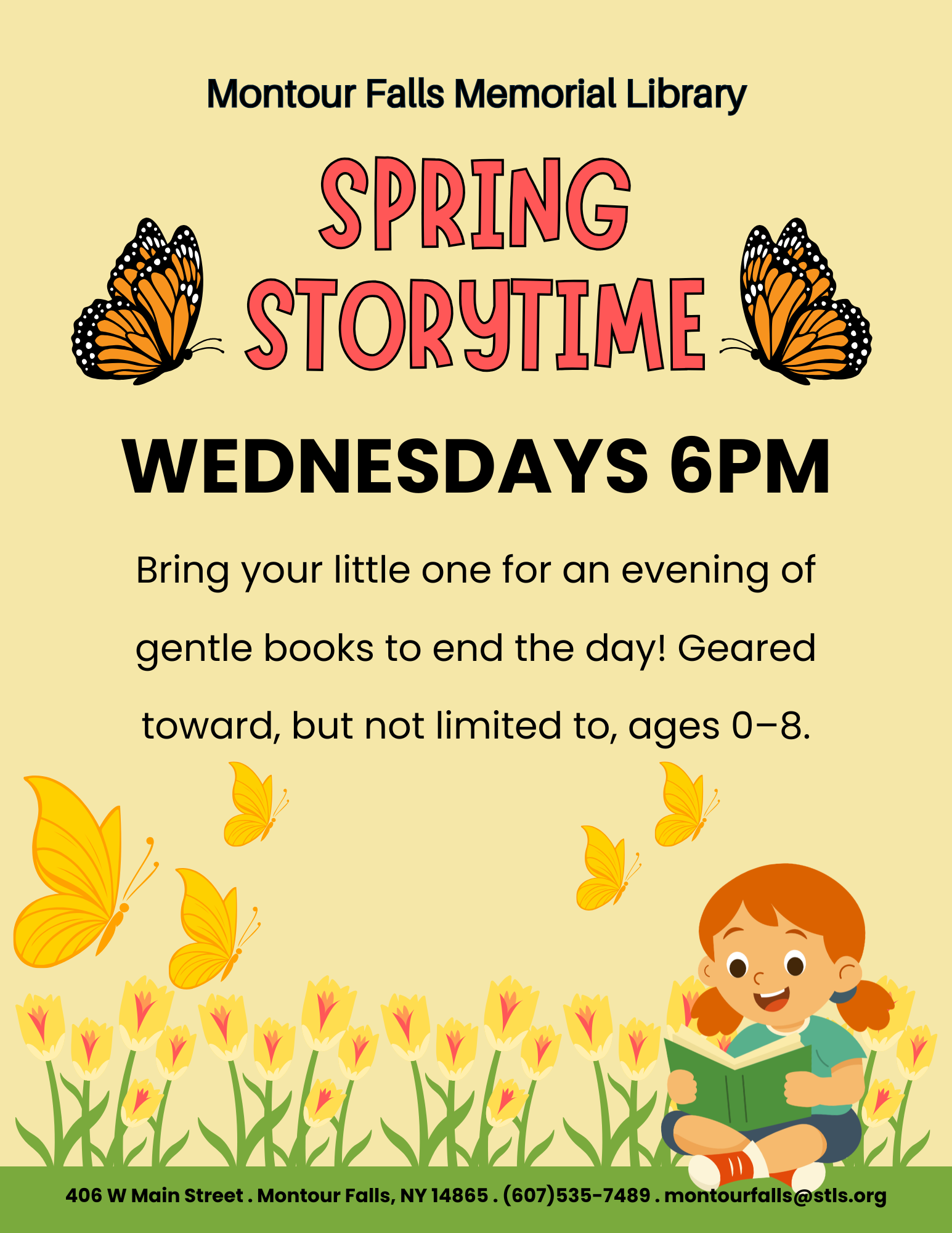 spring story time flyer. yellow background with a child reading in a field of flowers and butterflies
