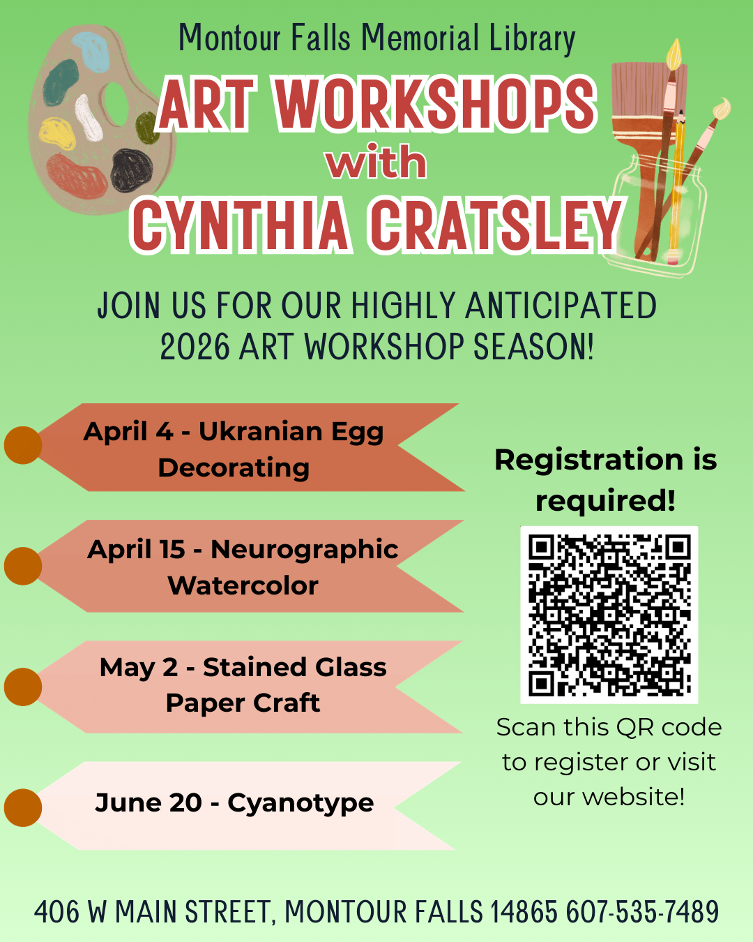 art workshops with cynthia cratsley, green background with reddish brown decorations. Art supplies and a QR code