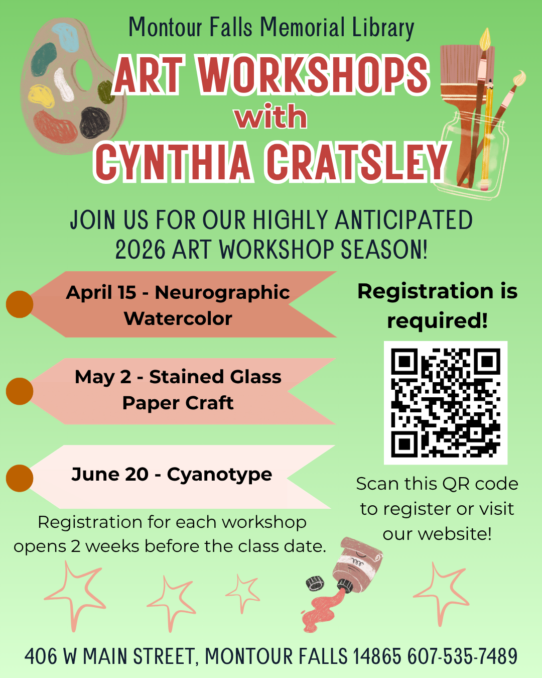 art workshops with cynthia cratsley, green background with reddish brown decorations. Art supplies and a QR code