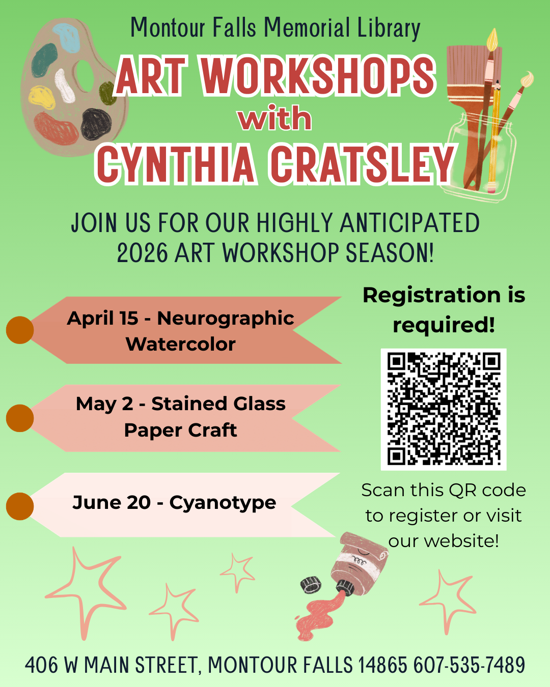 art workshops with cynthia cratsley, green background with reddish brown decorations. Art supplies and a QR code