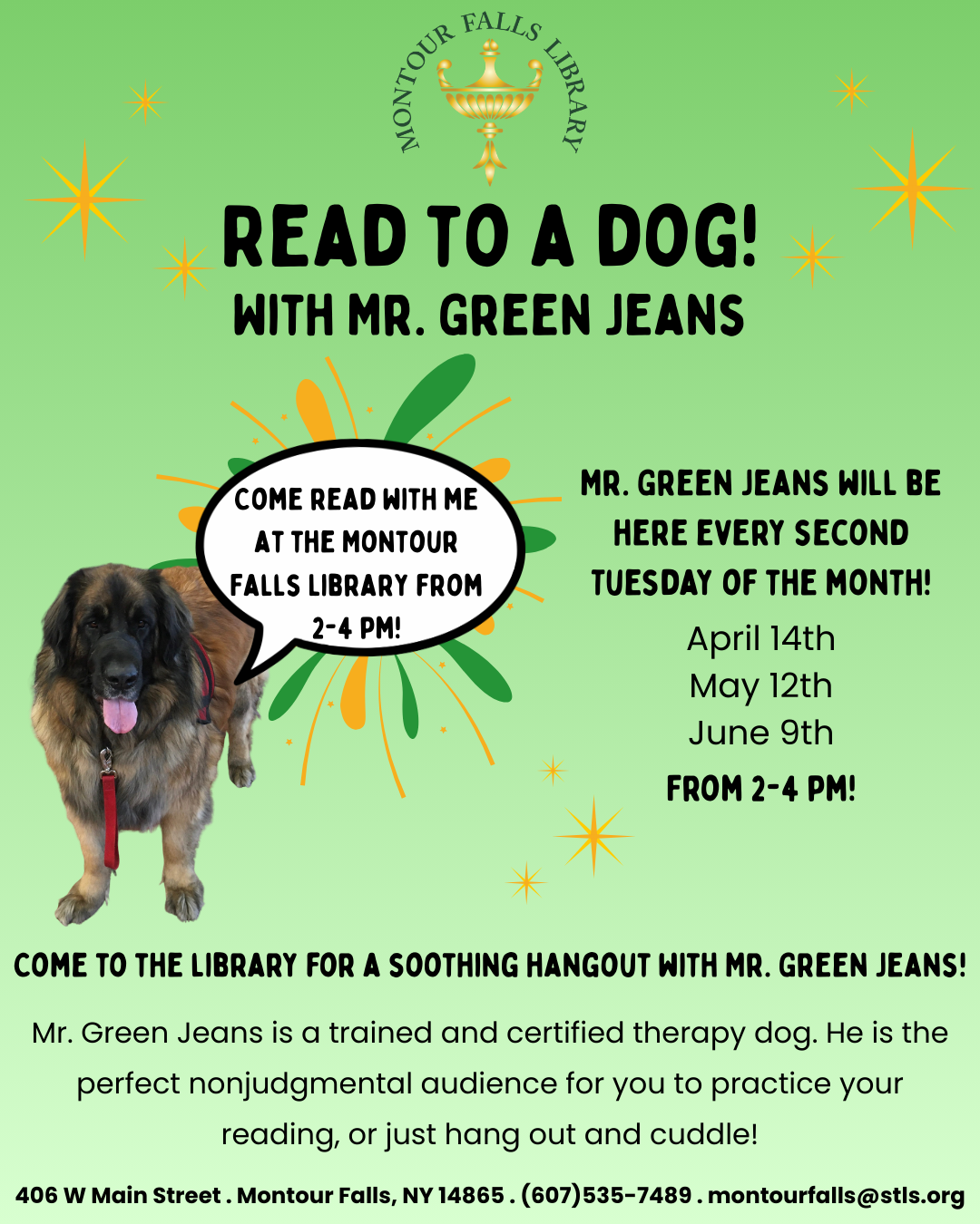 read to a dog flyer. green background with gold stars and designs. picture of a large dog
