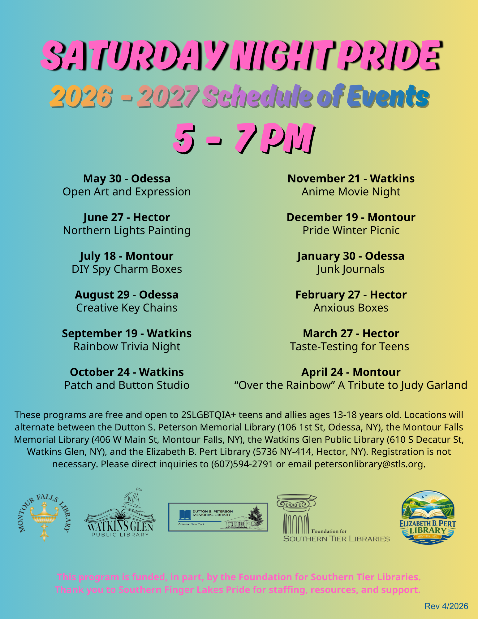 blue and yellow ombre background. Pink and rainbow title. black lettering describing the events. schuyler library logos on the bottom.