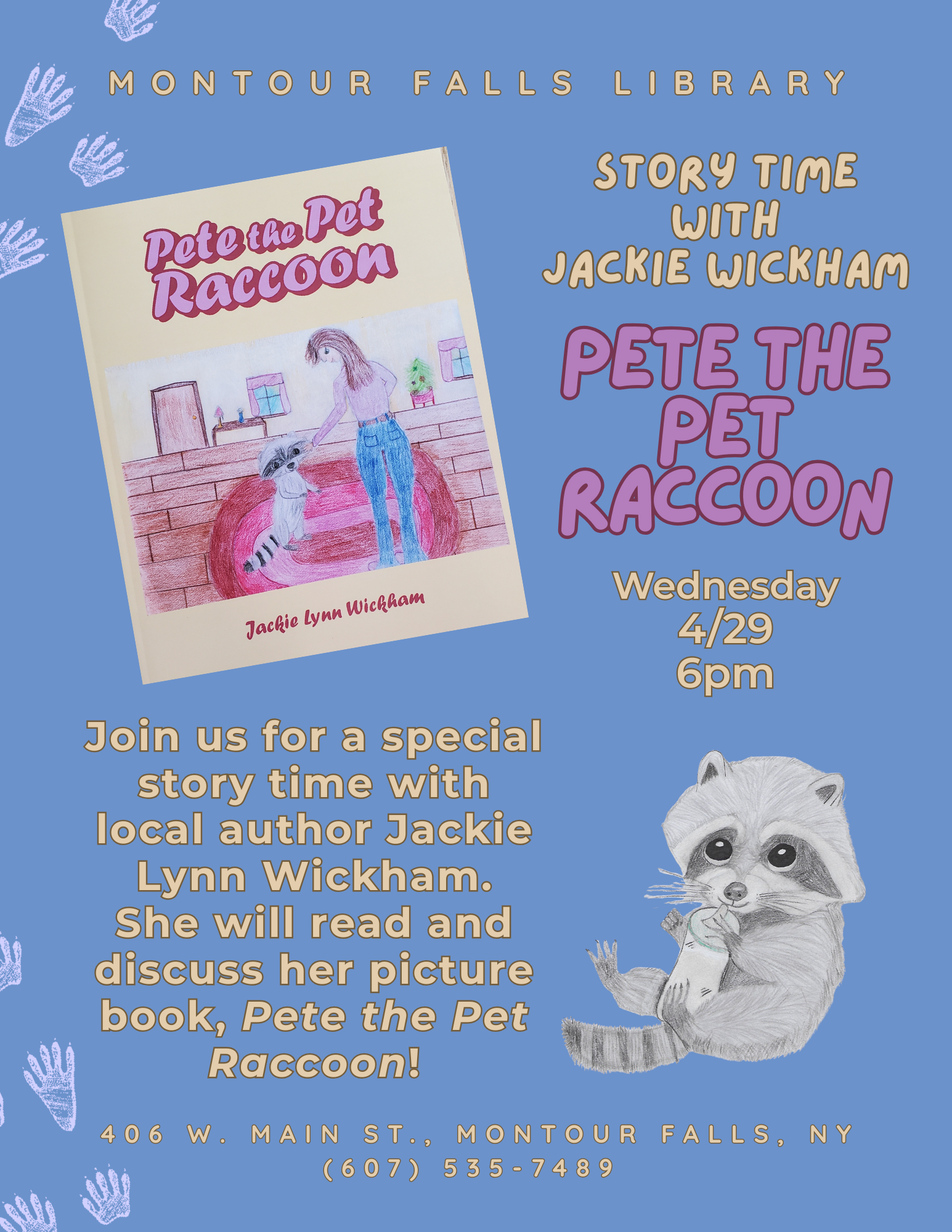 Pete the Pet Raccoon. Blue background with pink and yellow lettering. Picture of Pete the Pet Raccoon book cover and hand drawing of a raccoon with a baby bottle