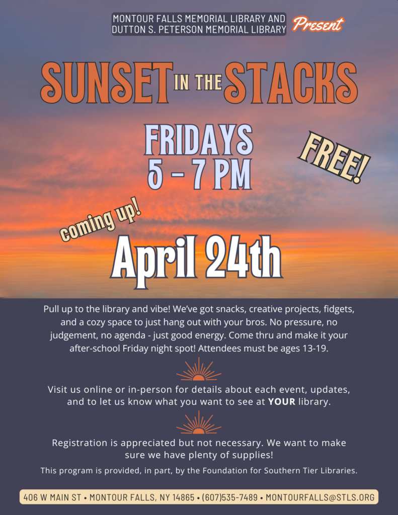 sunset in the stacks. cool toned blue on the bottom half of the page with light blue lettering. Sunset imagery on the top half of the page with a mix of orange, cream, and blue lettering