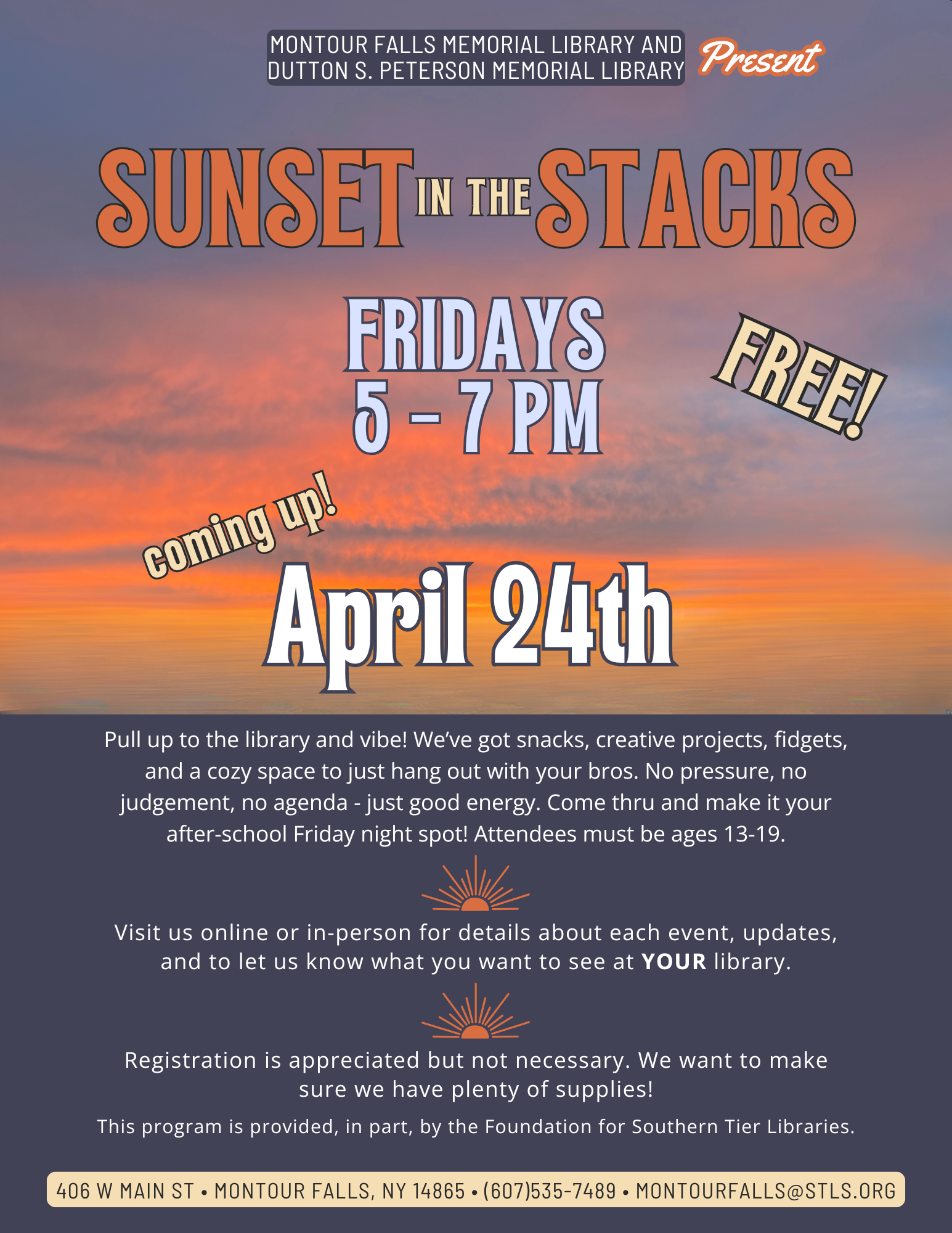 sunset in the stacks. cool toned blue on the bottom half of the page with light blue lettering. Sunset imagery on the top half of the page with a mix of orange, cream, and blue lettering