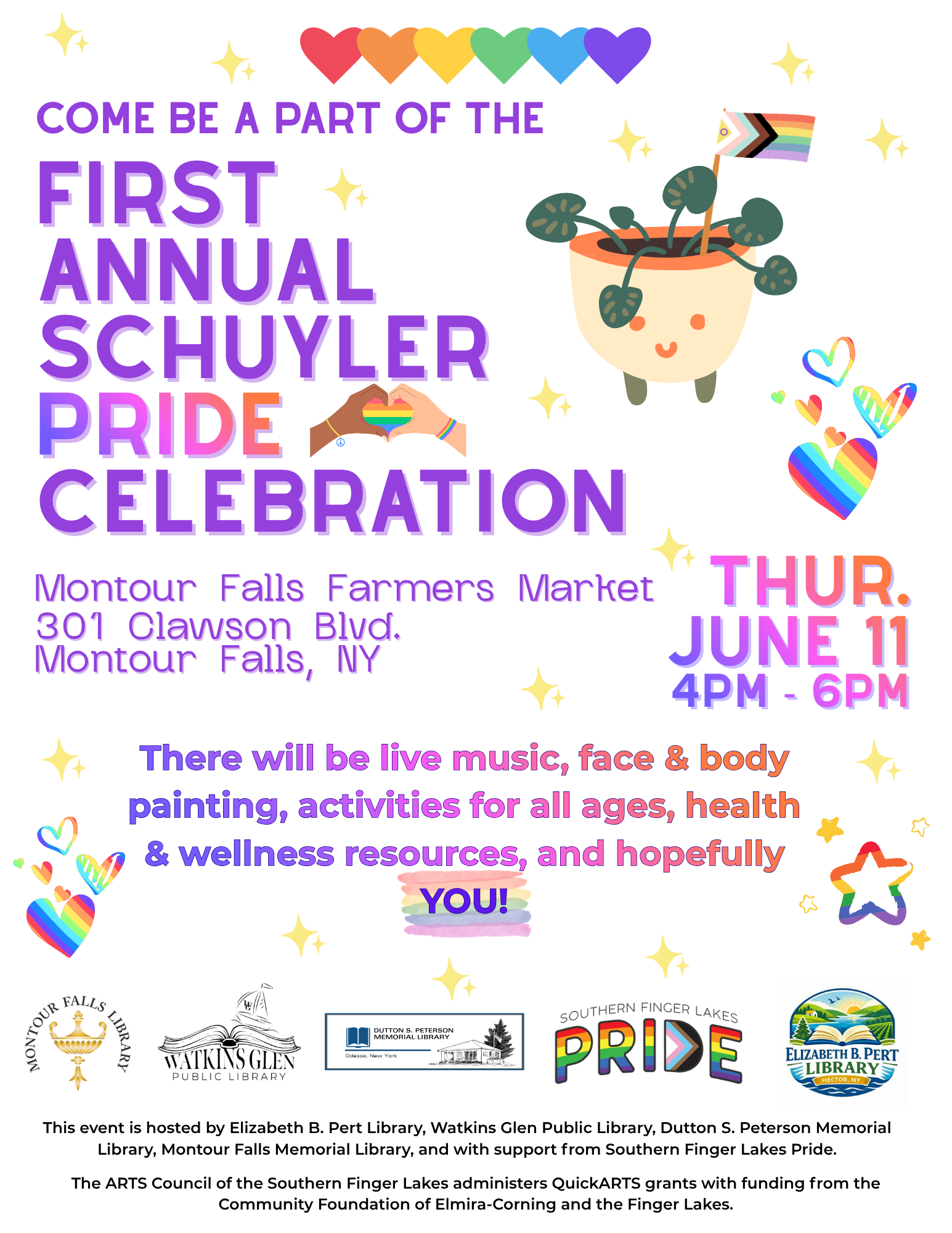 schuyler county pride. white background with gold stars and rainbow hearts and stars across the page. Purple lettering detailing the event information. Participating hosts logos across the bottom. A small potted plant with a pride flag in it.