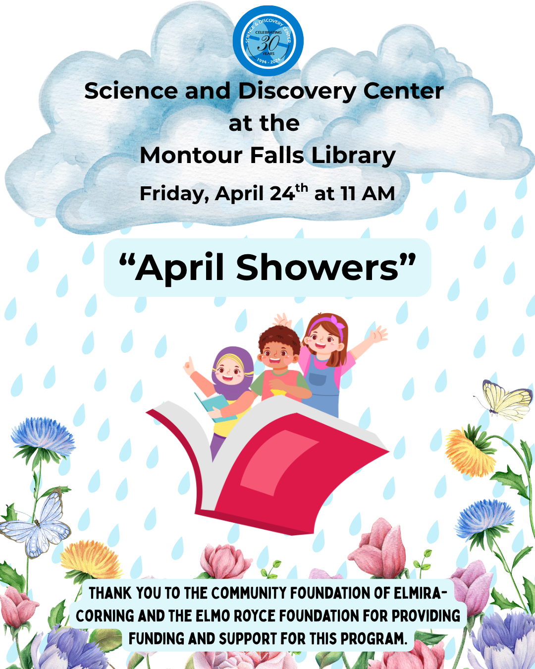 science and discovery center. clouds and rain pouring down on a garden of flowers. Three children riding on a giant book in the middle.