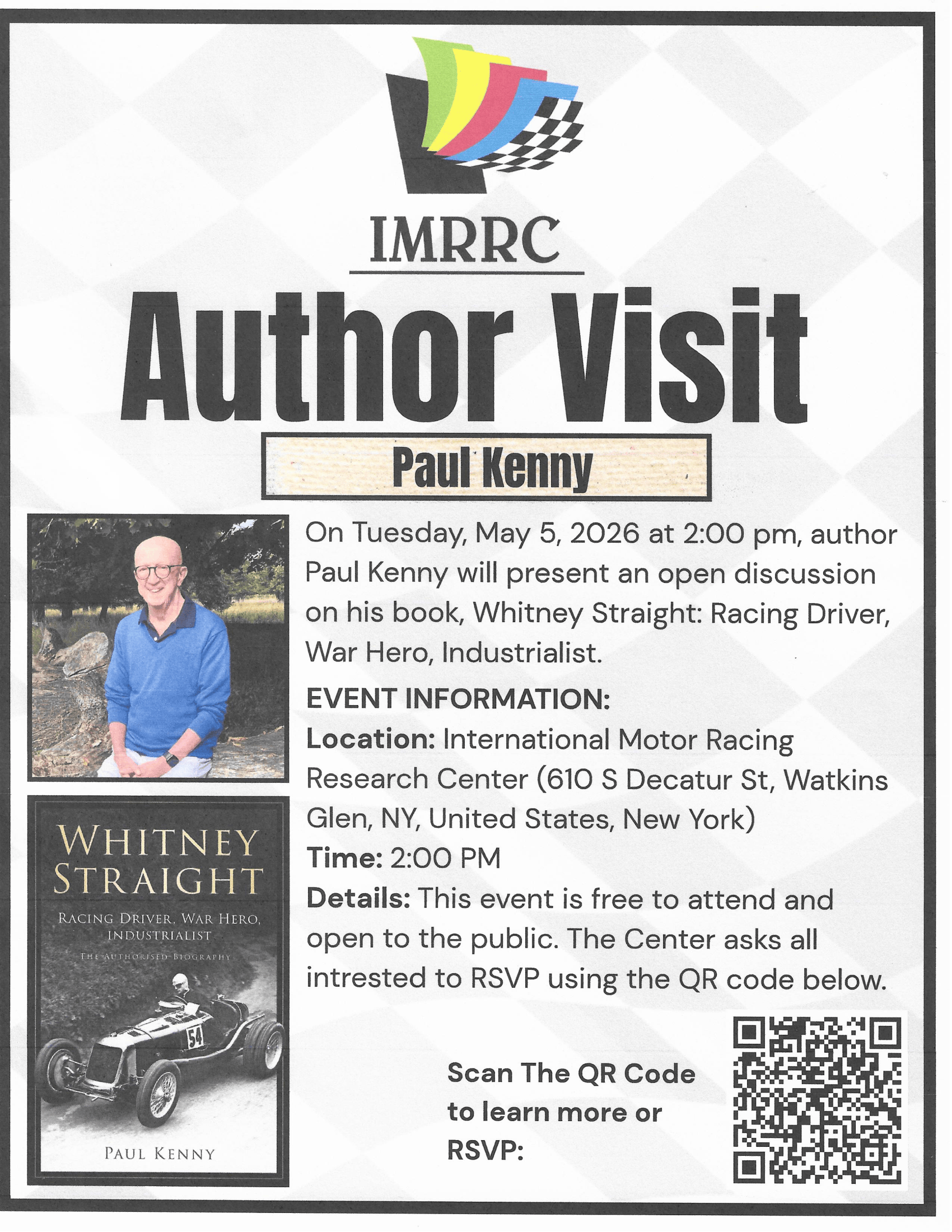IMRRC author visit. Gray checkered flag background. Picture of author Paul Kenny and a picture of the cover of his book.