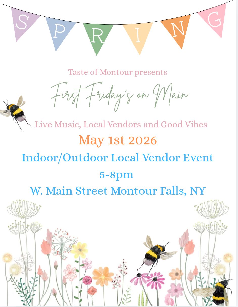 first fridays on main. wildflowers on the bottom of the picture with large bumble bees. A colorful banner at the top that says spring.