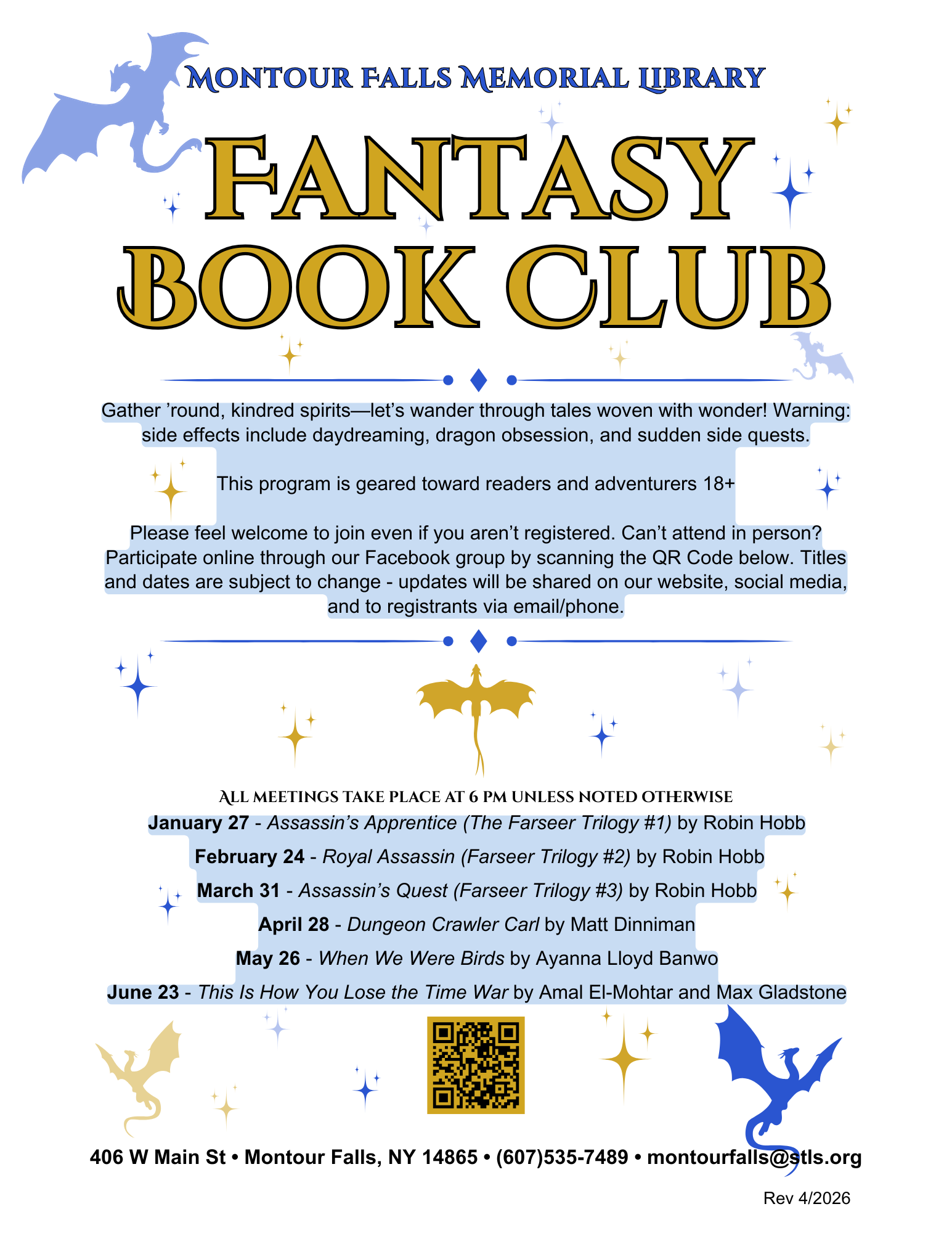 fantasy book club. white background with blue and gold lettering. blue and gold dragons and sparkles decorating the page.