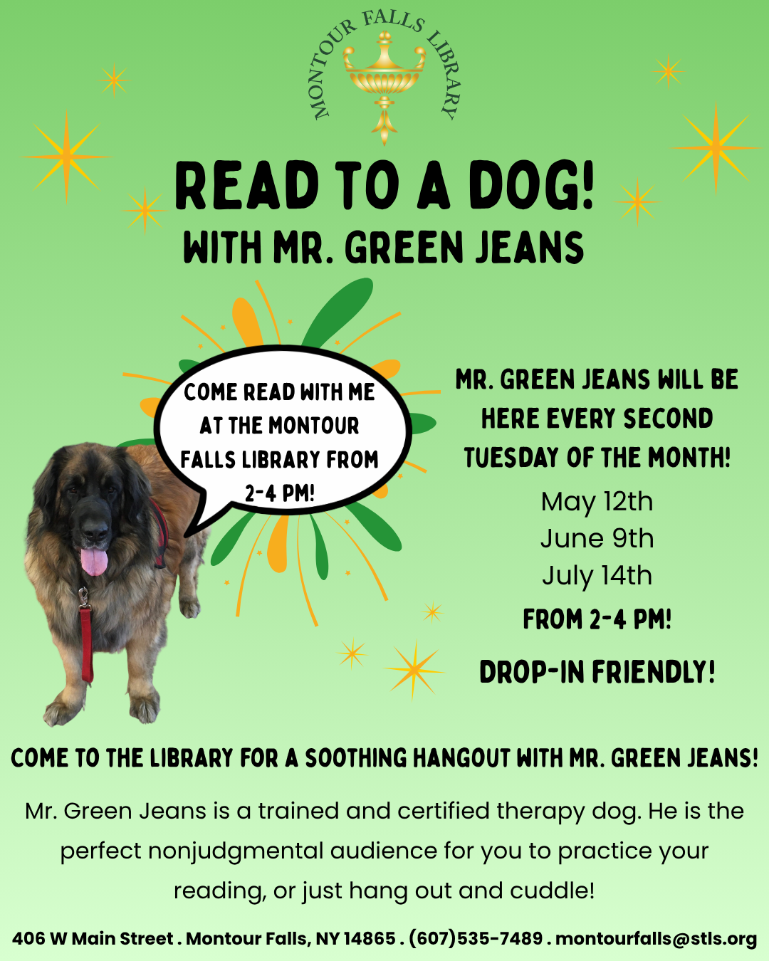 read to a dog flyer. green background with gold stars and designs. picture of a large dog