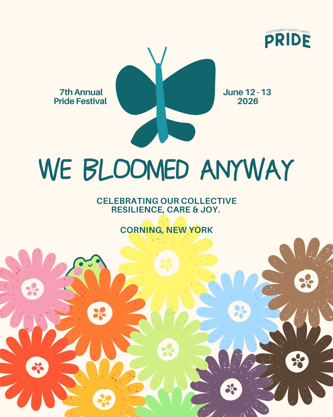 tan background. colorful flowers along the bottom with a frog hidden amongst them. blue lettering and a butterfly towards the top.