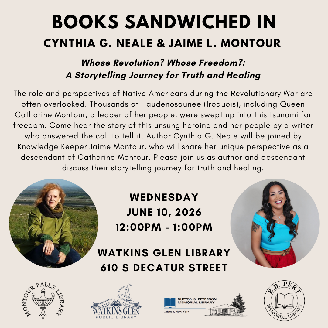 tan background with black lettering. all library and host logos along the bottom. A picture of Cynthia Neale on the left and Jaime Montour on the right.