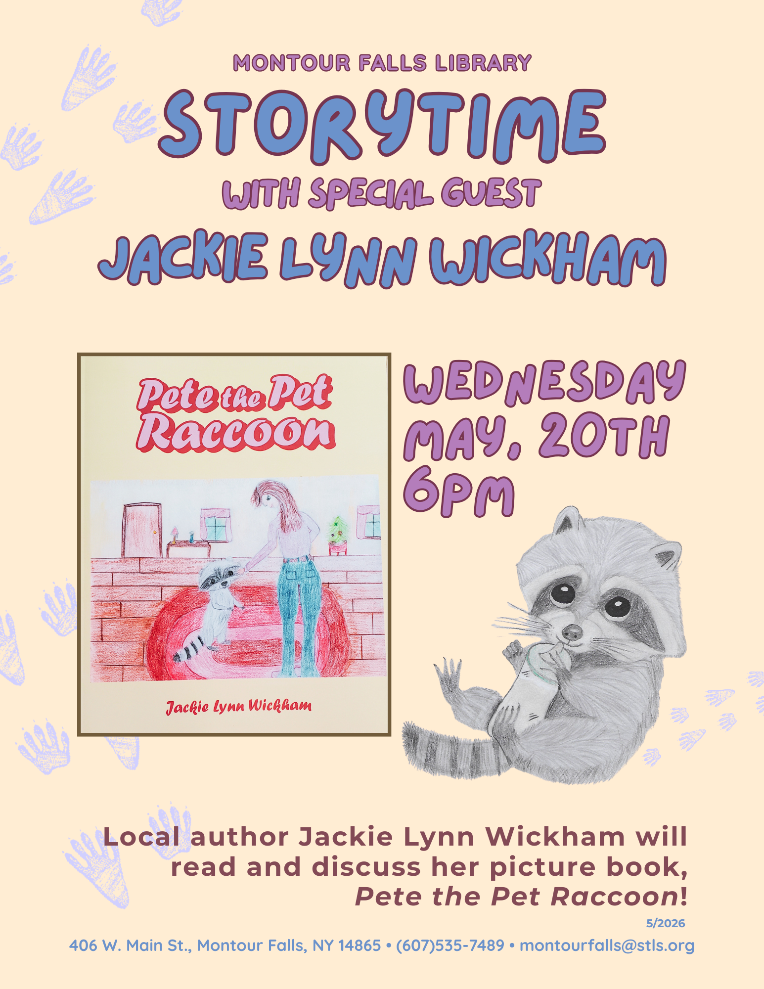 tan background with blue and purple lettering. A drawing of a baby raccoon with a baby bottle. An image of the front cover of the book Pete the Pet Raccoon.
