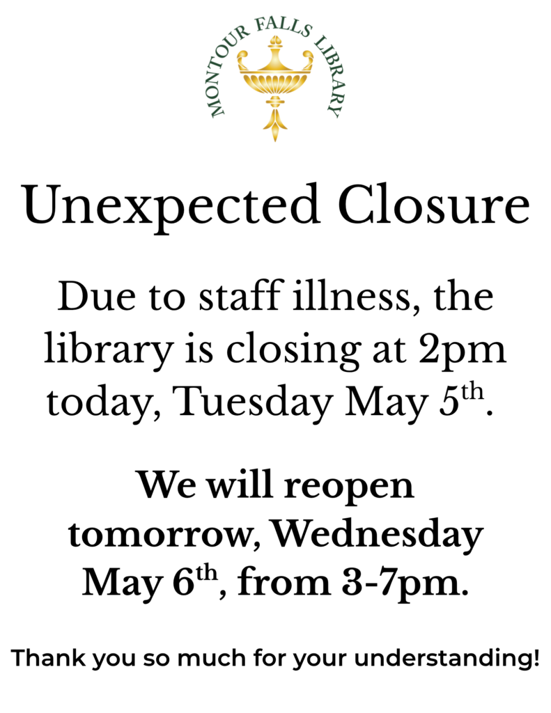 White background with black lettering. Green and gold library logo at the top. 