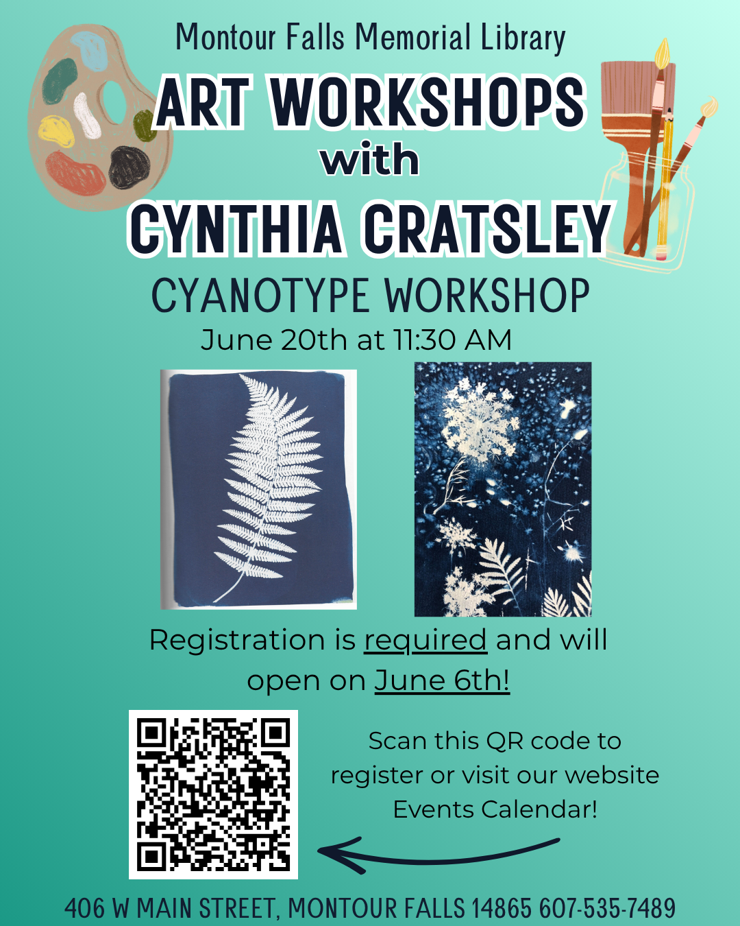 blue gradient background. pictures of cyanotype art examples. graphics with paint brushes and paint on a pallet. QR code with registration link.