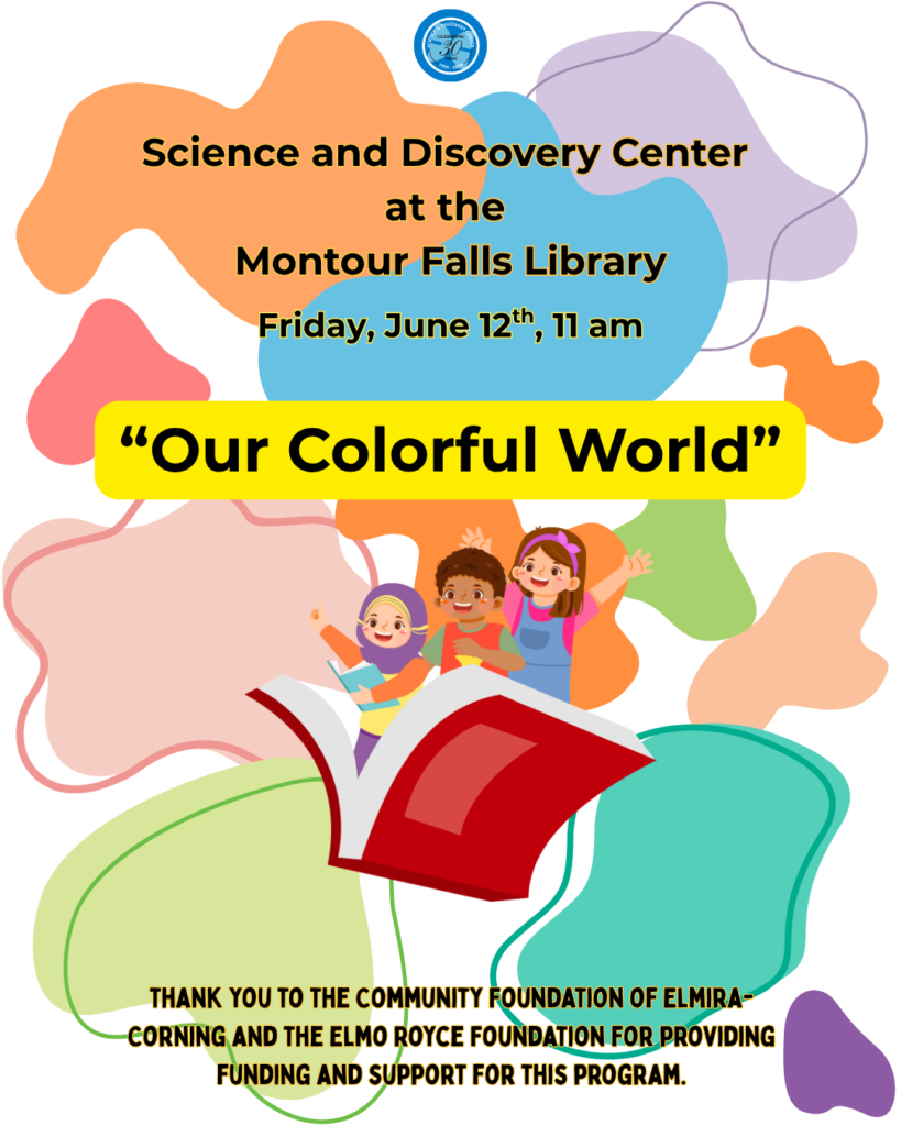white background with colorful blobs overlapping. A cartoon graphic of three kids inside of a book. 