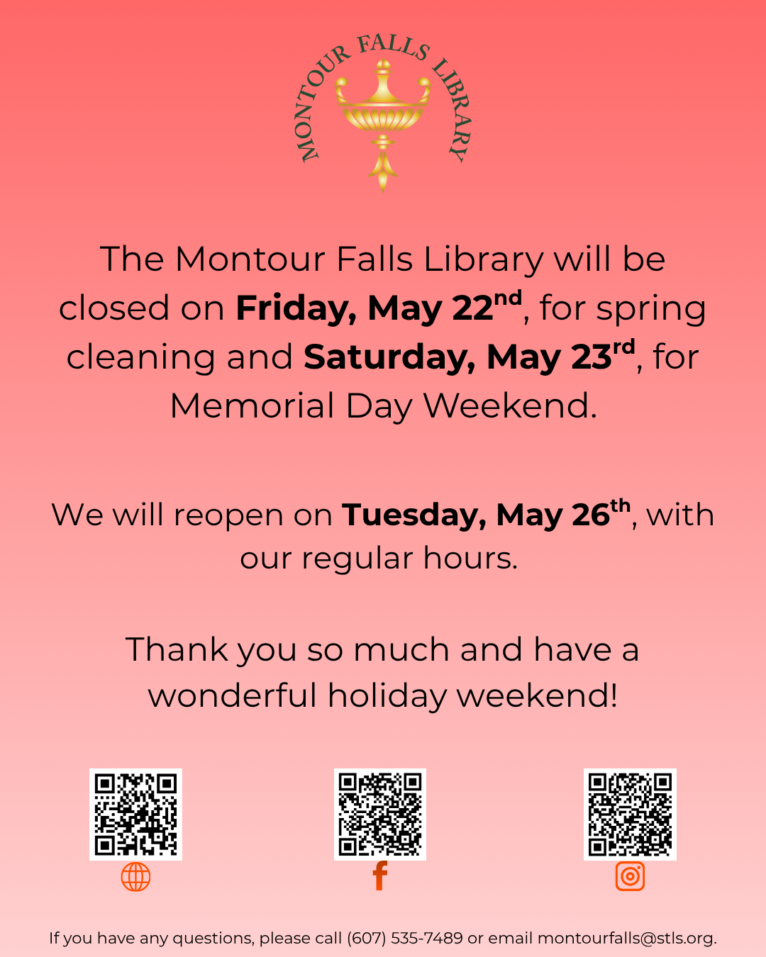 red background with black lettering. montour falls library logo on top. qr codes on the bottom