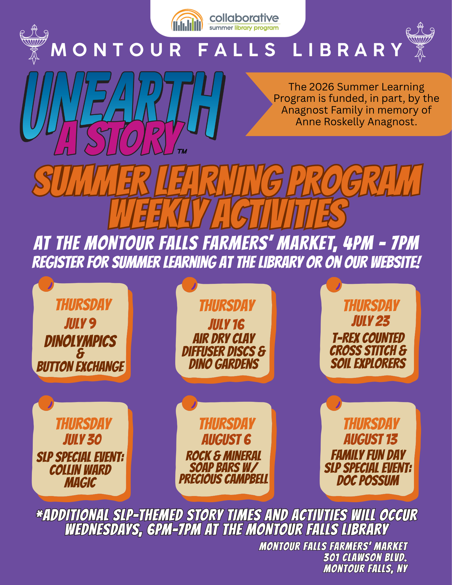 purple background and blue, pink, and orange lettering. Montour Falls Library lamps of learning on the top corners of the page. Collaborative summer learning logo on the top center of the page.