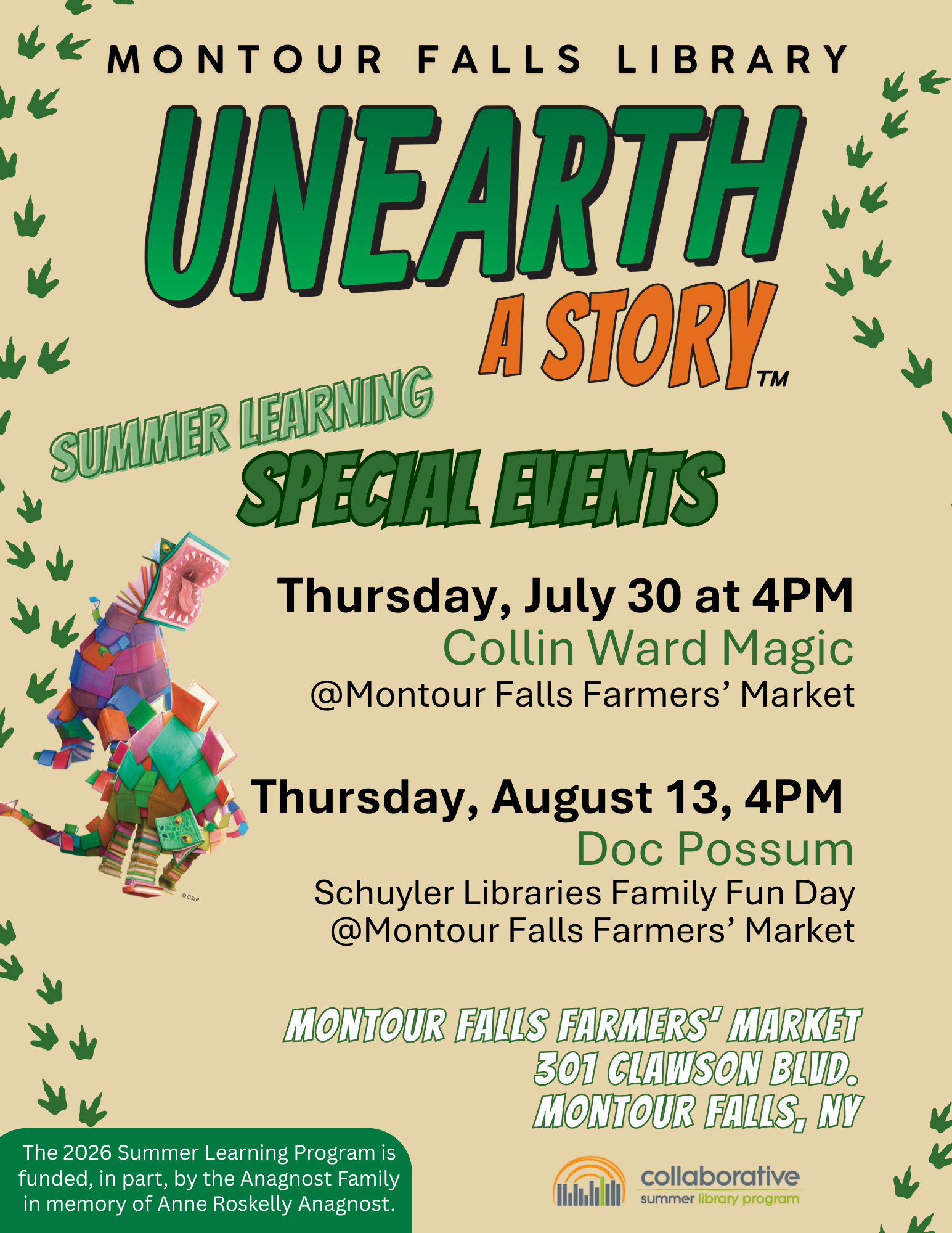 tan background. green dinosaur footprints dotted around the corners of the page. graphic of dinosaurs made out of books.