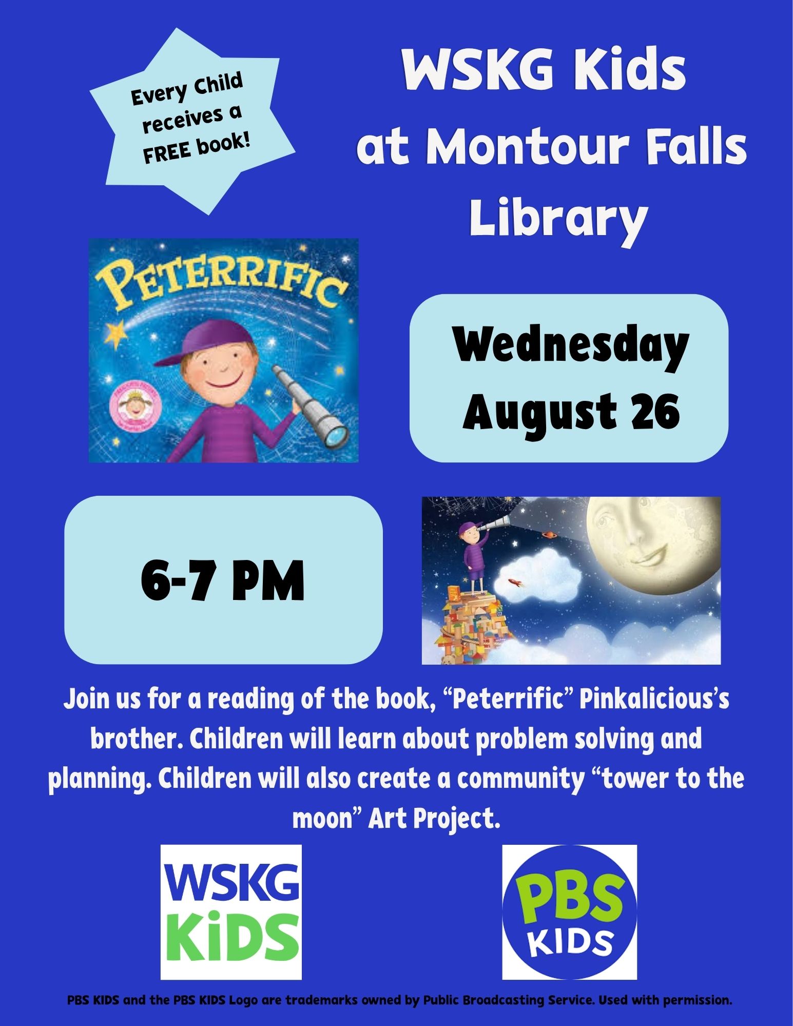 blue background with white lettering. WSKG kids and PBS kids logos on the bottom.
