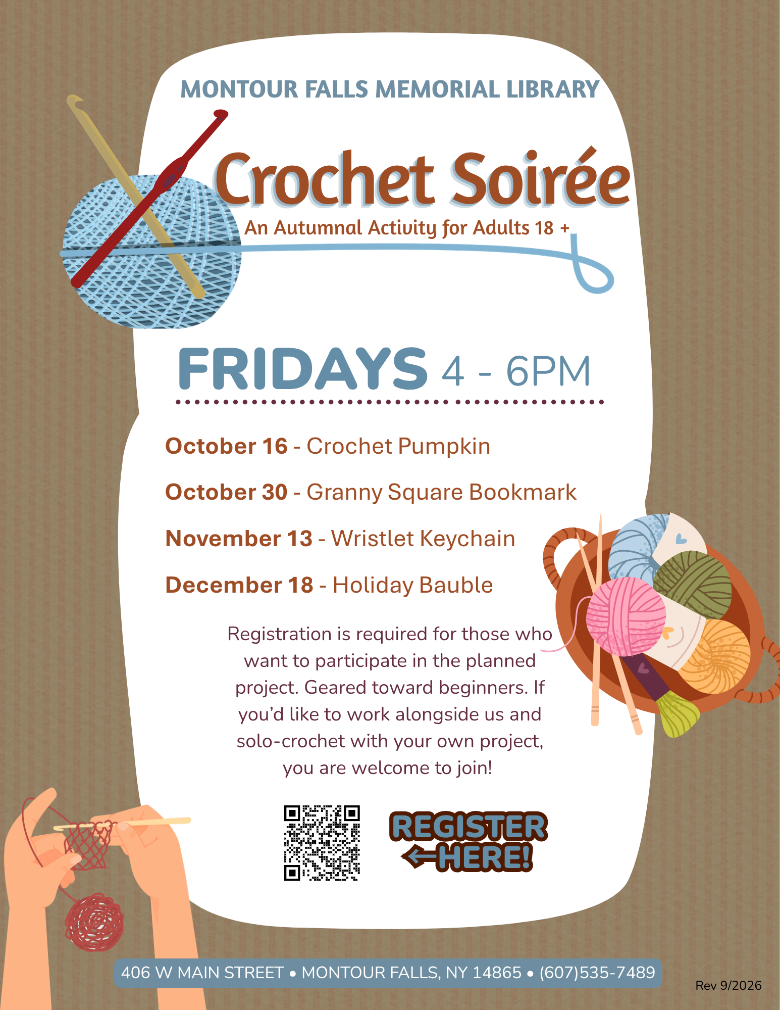 tan and green background. White cut out in the middle. graphic of hands crocheting in the bottom left corner. basket of yarn balls on the right side. A separate yarn ball and crochet hooks in the top left corner.
