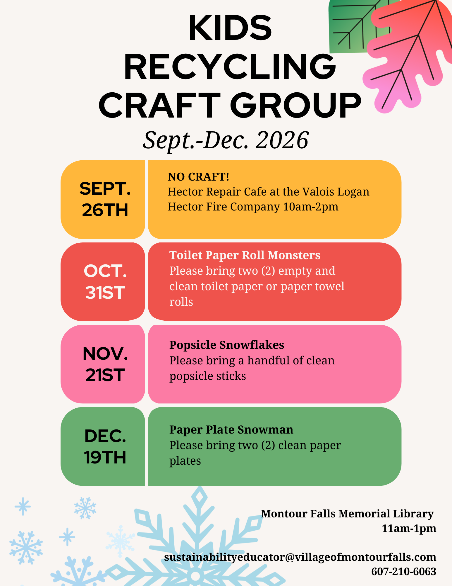 off white background with multicolored text boxes. Pink and green leaves in the top right corner. Blue snowflakes in the bottom left corner.