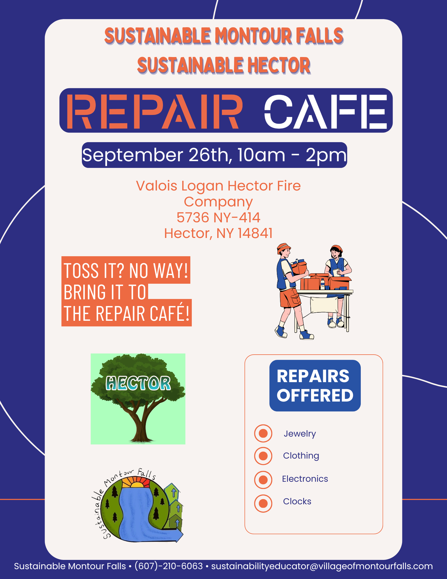 white background with blue border. orange and white text with blue background boxes. graphic on the middle right of two repair workers. Logos for Sustainable Hector and Montour Falls in the bottom left corner.
