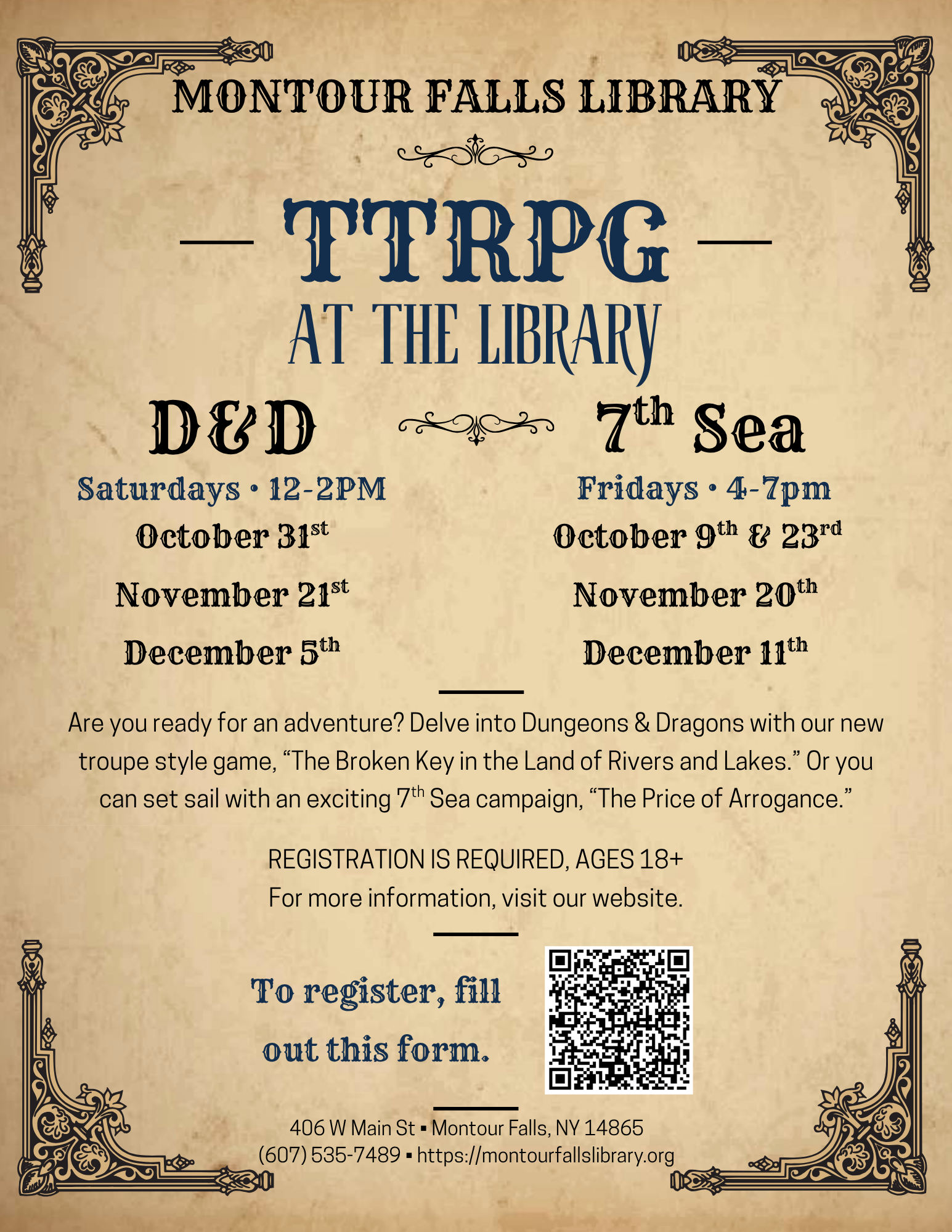 tan parchment background. Fancy black moulding cut outs in all four corners. Black and dark blue text. QR code on the bottom for registration.