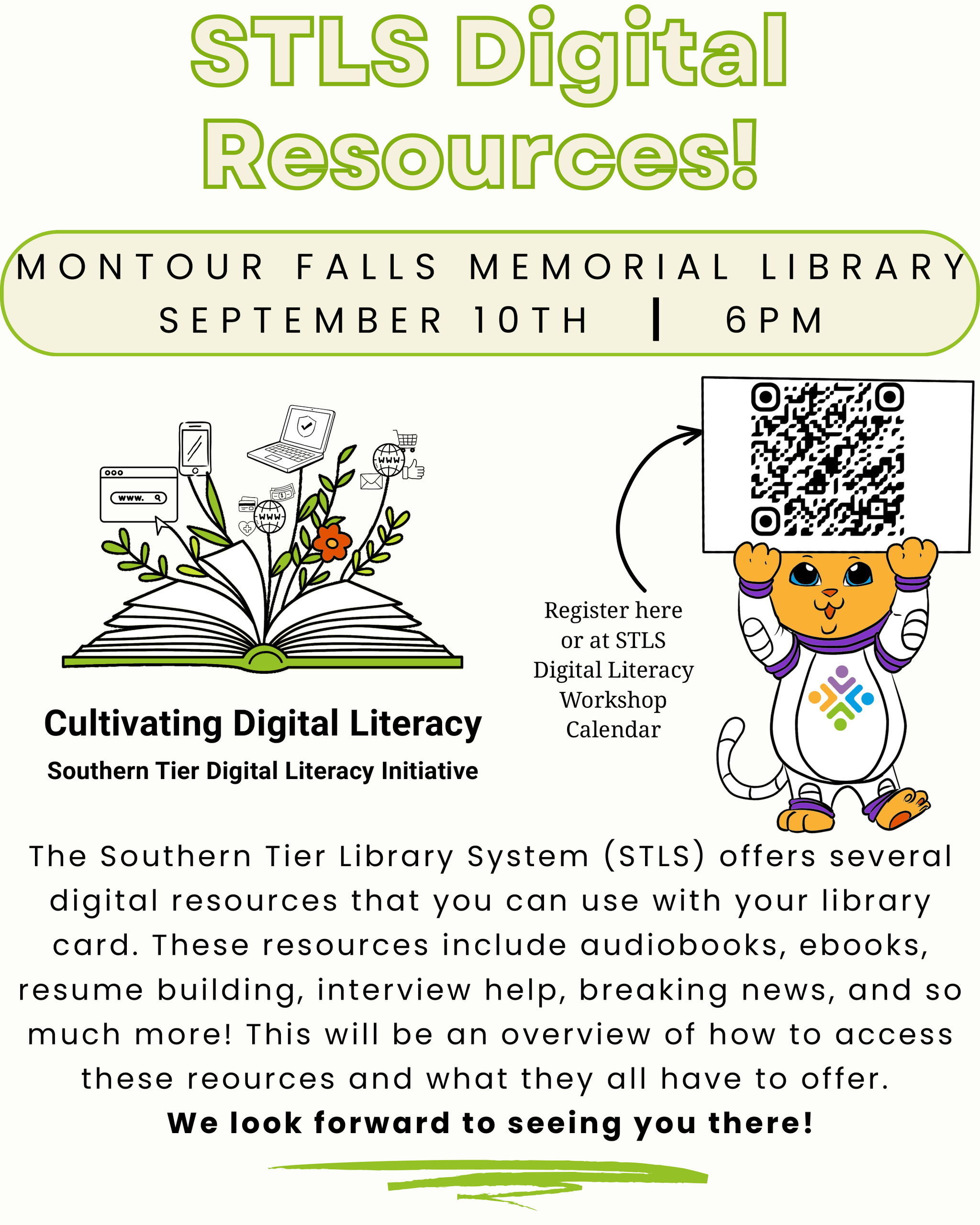 tan background with green accents. starcat holding up the registration QR code. An open book with escaping vines that are holding up different digital icons.