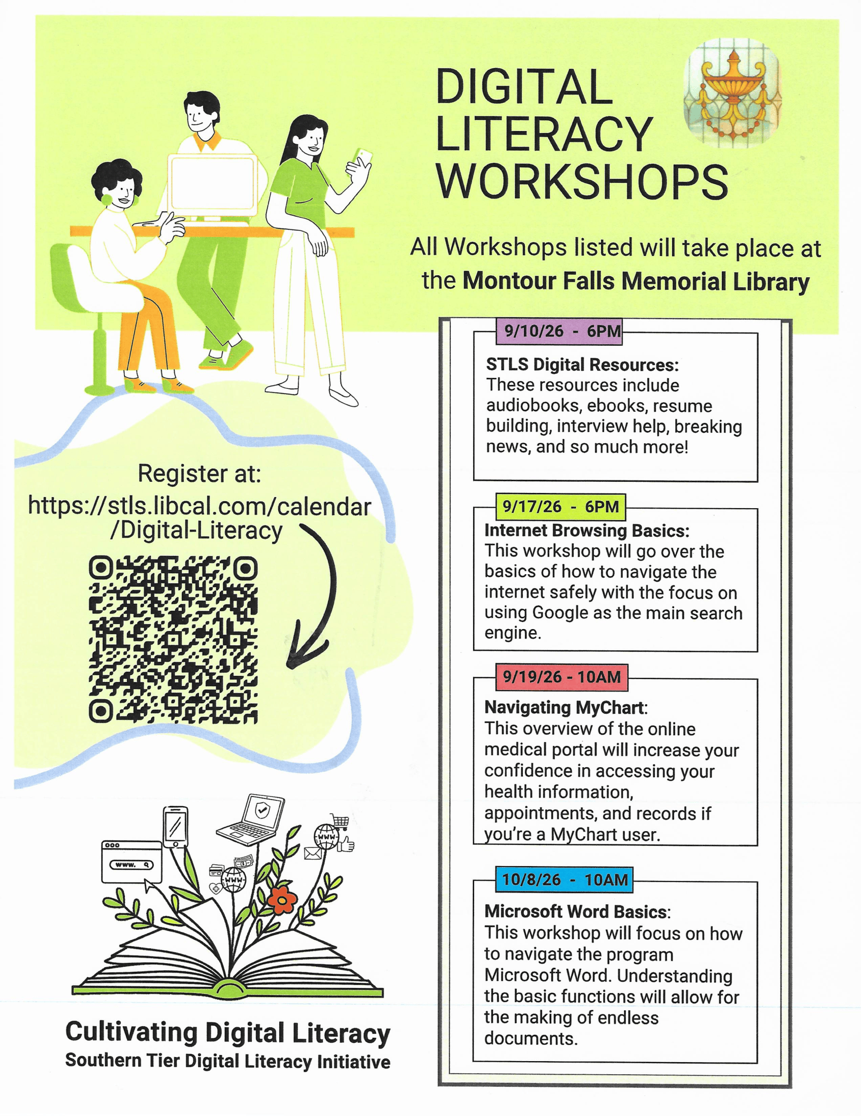 white background with green accents. Green block at the top with a graphic laid on top with cartoon people working at a computer together.
