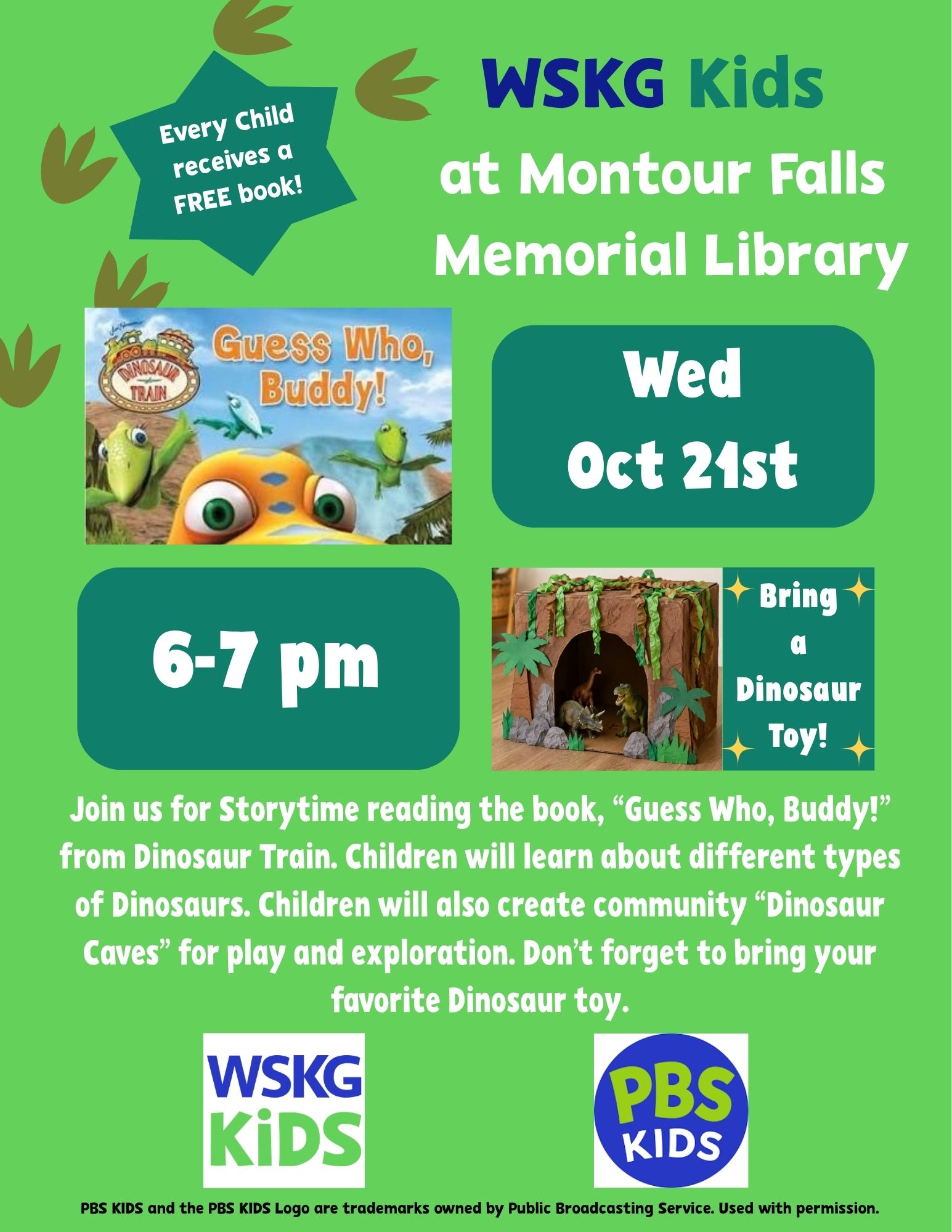 green background, darker green text bubbles with white text. dinosaur footprints in the top left corner. WSKG kids and PBS kids logos on the bottom.